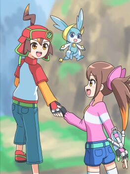 1boy 1girl :d ahoge badge beanie belt belt_buckle black_gloves blue_eyes blue_pants blue_shorts blurry blurry_background blush bracer brass_knuckles brown_hair buckle button_badge colored_tips commentary commission creature dot_nose dragon earflap_beanie fingerless_gloves foot_out_of_frame gloves grass green_belt hair_between_eyes hair_ornament hat hat_ornament highres holding_hands horizontal-striped_clothes iroha_(p&amp;d) jacket kato-shun layered_sleeves lightning_ahoge long_hair long_sleeves looking_at_another midair moss mountain multicolored_hair multicolored_jacket open_mouth orange_eyes orange_hair orange_sleeves outdoors pants pink_shirt pixiv_commission puzzle_&amp;_dragons puzzle_&amp;_dragons_z red_hat red_jacket shirt short-sleeved_jacket short_hair short_shorts short_sleeves shorts smile syrup_(p&amp;d) teeth thighhighs turtleneck turtleneck_jacket twintails two-tone_hair two-tone_jacket upper_teeth_only walking water waterfall weapon white_dragon white_jacket white_thighhighs z_(p&amp;d) zipper