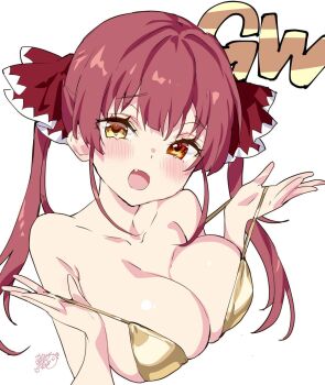 1girl bare_shoulders bikini blush breasts cleavage collarbone fang gold_bikini golden_week hair_ribbon hashtag-only_commentary heterochromia highres hololive houshou_marine kamiya_maneki large_breasts long_hair looking_at_viewer open_mouth orange_eyes pulling_own_clothes red_hair red_ribbon ribbon signature simple_background smile solo strap_pull swimsuit twintails virtual_youtuber white_background yellow_bikini yellow_eyes