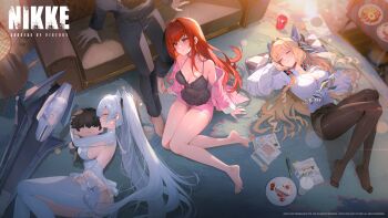 1boy 3girls ^ black_pants black_pantyhose black_shirt blonde_hair bodysuit breasts brown_hair cake chair cinderella_(nikke) cleavage closed_eyes closed_mouth collared_shirt commander_(nikke) commentary crown_(nikke) cup drinking_glass egg english_commentary food gauntlets goddess_of_victory:_nikke hair_intakes highres holding holding_stuffed_toy large_breasts long_hair long_sleeves looking_at_another lying multiple_girls nightgown official_art on_chair on_floor on_side pajamas pants pantyhose pink_pajamas pink_shirt plate rapi_(nikke) rapi_(red_hood)_(cherished_red)_(nikke) rapi_(red_hood)_(nikke) red_eyes red_hair shirt short_hair sideboob sitting smile stuffed_toy twintails white_bodysuit white_hair white_shirt