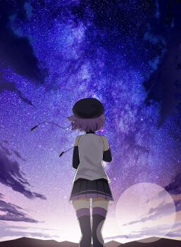0w0_(artist) 1girl absurdres bare_shoulders beret black_boots black_hat black_skirt black_sleeves boots collared_shirt commentary contrast_collar detached_sleeves facing_up from_behind hat highres miniskirt outdoors purple_hair purple_sky purple_trim shirt short_hair skirt sky sleeveless sleeveless_shirt star_(sky) starry_sky thigh_boots thighhighs utane_uta utau very_short_hair white_shirt zettai_ryouiki