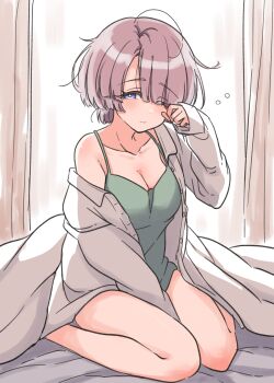 1girl :| absurdres arimura_mao arm_between_legs bare_legs blue_eyes blush breasts bright_pupils camisole cleavage closed_mouth collarbone commentary_request gakuen_idolmaster green_camisole highres idolmaster indoors mariabowl medium_breasts pink_hair rubbing_eyes single_bare_shoulder sitting sleepy solo spaghetti_strap squeans waking_up wariza white_pupils