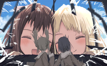 Rule 34 | 4girls, :d, ^ ^, bang dream!, bang dream! girls band party!, black hair, blonde hair, blue sky, blush, broken window, brown dress, brown hair, closed eyes, commentary, cone hair bun, double bun, dress, flinch, from behind, giant, giantess, hair bun, hanasakigawa school uniform, highres, ichigaya arisa, long hair, medium hair, motion blur, multiple girls, okusawa misaki, open mouth, sailor collar, sailor dress, school uniform, sky, smile, surprised, toyama kasumi, tsurumaki kokoro, twintails, white sailor collar, yukitake (bullfalk)