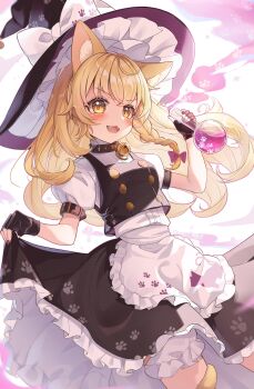 1girl absurdres animal_collar animal_ear_fluff animal_ears apron bell black_collar black_gloves black_hat black_skirt black_vest blonde_hair bloomers blush bow braid breasts cat_ears cat_girl cat_tail collar commentary_request fangs fingerless_gloves flask gloves hair_bow hat hat_bow highres holding holding_flask kemonomimi_mode kirisame_marisa long_hair looking_at_viewer neck_bell open_mouth paw_print potion print_apron print_bow print_hat print_skirt puffy_short_sleeves puffy_sleeves purple_bow round-bottom_flask short_sleeves side_braid single_braid skirt skirt_hold small_breasts smile solo tail tail_wrap touhou underwear very_long_hair vest waist_apron wheat_retzel white_apron white_bloomers white_bow witch_hat yellow_eyes