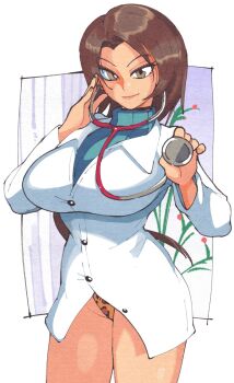 1girl animal_print blue_sweater breasts brown_eyes brown_hair cowboy_shot doctor hands_up highres holding holding_stethoscope indoors inkerton-kun inran_shinsatsushitsu lab_coat large_breasts leopard_print leopard_print_panties long_hair looking_at_viewer no_pants panties print_panties ribbed_sweater smile stethoscope sugimoto_shouko sweater turtleneck turtleneck_sweater umemaro_3d underwear