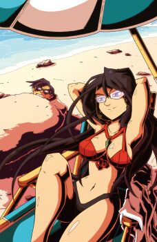 Rule 34 | 1boy, 1girl, absurdres, beach, beach chair, between breasts, bikini, bikini top only, black-framed eyewear, black hair, breasts, brendon tapper, buried, cleavage, day, front-tie bikini top, front-tie top, glasses, highres, jewelry, justice gakuen, large breasts, long hair, minazuki kyoko, navel, ocean, pendant, reclining, red bikini, rimless eyewear, sand, shimazu hideo, shiritsu justice gakuen, smile, swimsuit