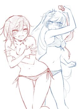 2girls angry bikini blue_bikini blush breasts cleavage multiple_girls ndgd red_bikini red_hair ruby_rose rwby silver_hair swimsuit topless_female weiss_schnee