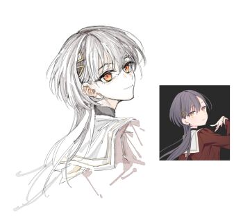 Rule 34 | 1girl, brown dress, closed mouth, commentary request, dress, from behind, grey hair, hair ornament, hasu no sora school uniform, highres, katsuragi izumi, link! like! love live!, looking at viewer, looking back, love live!, official art inset, orange eyes, reference inset, sailor collar, sailor dress, school uniform, simple background, slit pupils, smile, solo, triangle hair ornament, virtual youtuber, white background, white sailor collar, winter uniform, yrxy settingsun