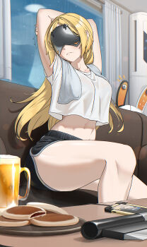 1girl absurdres arm_up blindfold_mask blonde_hair breasts commentary_request covered_eyes eous_(zenless_zone_zero) ggamen_yeau hair_ornament highres large_breasts long_hair mask ponytail solo stretching trigger_(zenless_zone_zero) zenless_zone_zero