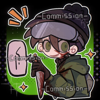 Rule 34 | 1boy, animification, black border, black gloves, black hat, black sweater, blood, blood on clothes, blood on face, border, brown hair, chinese commentary, commentary request, commission, edd (eddsworld), eddsworld, gloves, goggles, goggles on head, green eyes, green hoodie, hair between eyes, hat, highres, holding, holding knife, hood, hood down, hoodie, immuir, knife, looking at viewer, male focus, official alternate costume, open mouth, short hair, smile, solo, sparkle, sweater, turtleneck, turtleneck sweater, watermark