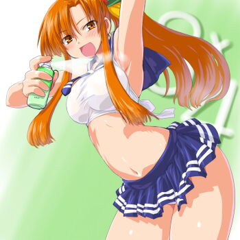 1girl 95-tan aerosol armpits bad_id bad_pixiv_id blush brown_hair dd_(ijigendd) female_focus midriff miniskirt navel open_mouth os-tan ponytail school_uniform serafuku shiny_skin shirt skirt smell smile solo taut_clothes taut_shirt