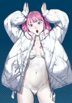 Rule 34 | 1girl, absurdres, arms up, bikini, blue background, breasts, commentary request, highres, inamitsu shinji, jacket, long hair, long sleeves, looking at viewer, medium breasts, micro bikini, nail polish, navel, open clothes, open jacket, open mouth, original, pale skin, pink hair, side-tie bikini bottom, simple background, solo, stomach, swimsuit, twintails, white bikini, white jacket, white nails