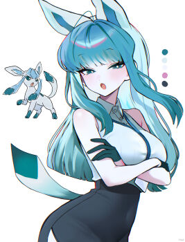 1girl absurdres ahoge animal_ears aqua_eyes aqua_hair bare_shoulders black_gloves black_skirt breasts bright_pupils collared_shirt cowboy_shot gen_4_pokemon glaceon gloves haze_(7h4ze) high-waist_skirt highres lanyard large_breasts light_blush long_hair long_sidelocks looking_at_viewer nintendo open_mouth original pencil_skirt personification pokemon pokemon_(creature) reference_inset shirt sidelocks simple_background skirt sleeveless sleeveless_shirt tail white_background white_pupils white_shirt