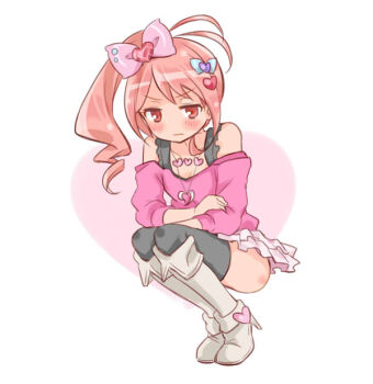 Rule 34 | 1girl, altorealize, antenna hair, bare shoulders, black thighhighs, boots, bow, female focus, gem, hair bow, hair ornament, heart, heart hair ornament, high heel boots, high heels, jewelpet (series), jewelpet kira deco!, knee boots, oomiya pink, pink eyes, pink hair, side ponytail, skirt, solo, squatting, thighhighs