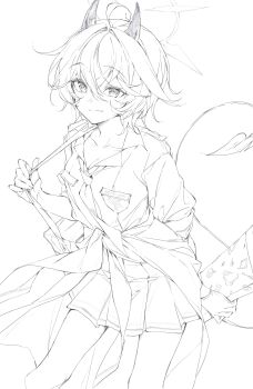 1girl absurdres bag blue_archive breast_pocket clothes_around_waist collared_shirt commentary cowboy_shot demon_girl demon_horns demon_tail erika_(blue_archive) fabarm_fp6/sdass greyscale gun halo highres holding holding_gun holding_strap holding_weapon horns jacket jacket_around_waist kesunr0s2 looking_at_viewer loose_necktie monochrome necktie open_collar pocket pump_action school_bag shirt short_hair shotgun simple_background sketch skirt solo tail weapon white_background
