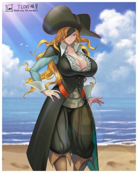 Rule 34 | 1girl, absurdres, beach, big hair, blonde hair, blue eyes, boots, border, breasts, brown boots, cleavage, commission, day, eyepatch, frilled shirt collar, frills, hat, hat over eyes, highres, large breasts, long hair, long sleeves, looking at viewer, marvel vs. capcom, marvel vs. capcom 2, ocean, outdoors, pants, pants tucked in, pirate, pirate hat, puffy pants, ruby heart, sand, skeb commission, smile, solo, standing, tomo eokaiteru, tricorne, white border