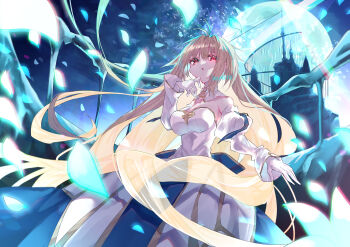1girl absurdres archetype_earth arcueid_brunestud blonde_hair breasts dress fate/grand_order fate_(series) highres large_breasts marble_phantasm millennium_castle_(tsukihime) moon red_eyes tsukihime white_dress wzoarrylmovmuju