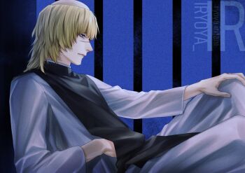 Rule 34 | 1boy, artist logo, badeni, black tabard, blonde hair, blue eyes, chi.: chikyuu no undou ni tsuite, closed mouth, hand on own knee, highres, iorbtyn, knees up, logo, male focus, medium hair, no eyepatch, scar, scar on face, scar on nose, sitting, solo, tabard, tonsure