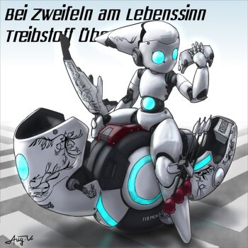 1girl arrow_(projectile) blue_eyes colored_skin commentary_request drossel_von_flugel fireball_(series) german_text hagitsuki_yuu humanoid_robot joints mechanical_hair motor_vehicle no_mouth no_nose robot robot_girl robot_joints solo white_skin