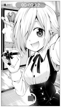 2girls :d absurdres box breasts child commentary_request cow_girl cow_horns dress fang greyscale hair_over_one_eye heart-shaped_box highres holding holding_box horns indoors jashin-chan_dropkick large_breasts long_sleeves looking_at_viewer medium_breasts minos_(jashin-chan_dropkick) monochrome multiple_girls neck_ribbon open_mouth persephone_ii pointy_ears recording removing_shirt ribbon selfie shirt short_hair shorts sideboob smile solo_focus standing tatami timestamp undressing upper_body valentine viewfinder yuuki_shushu