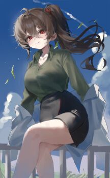 1girl absurdres ahoge bear_hair_ornament black_skirt blue_sky breasts brown_hair carmen_(project_moon) coat collared_shirt commentary cowboy_shot crossed_legs floating_hair green_shirt hair_between_eyes hair_intakes hair_ornament high_ponytail highres korean_commentary lab_coat leaf lobotomy_corporation long_hair long_sleeves looking_at_viewer medium_breasts on_railing open_clothes open_coat outdoors pencil_skirt ponytail project_moon railing red_eyes shirt shirt_tucked_in skirt sky smile solo white_coat yuchan_00001