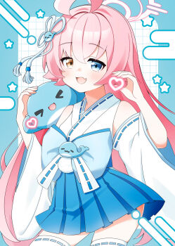 1girl :d absurdres ahoge blue_archive blue_border blue_bow blue_eyes blue_skirt blush border bow comiket_107 commentary_request cowboy_shot crossed_bangs detached_sleeves egasumi fang front_bow grid_background hair_between_eyes hair_flaps hakama hakama_short_skirt hakama_skirt half-heart_hands halo heart heterochromia highres hoshino_(blue_archive) huge_ahoge japanese_clothes kimono long_hair looking_at_viewer miniskirt nontraditional_miko open_mouth orange_eyes petako_(ptpt_k) pink_hair pink_halo pleated_skirt rounded_corners sidelocks simple_background skin_fang skirt smile solo star_(symbol) thighhighs very_long_hair white_background white_kimono white_thighhighs wide_sleeves