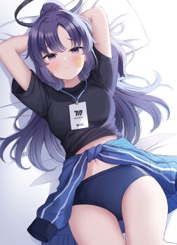 1girl absurdres arms_behind_head arms_up bed_sheet black_shirt blue_archive blue_buruma blue_jacket blush breasts buruma closed_mouth clothes_around_waist commentary_request facial_mark halo highres jacket jacket_around_waist lanyard long_hair looking_at_viewer lying medium_breasts navel norazura on_back parted_bangs pillow ponytail purple_eyes purple_hair shirt short_sleeves solo star_(symbol) very_long_hair yuuka_(blue_archive) yuuka_(track)_(blue_archive)