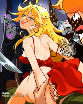 1girl 2boys alexander_anderson ass blonde_hair blurry blurry_background breasts brief_(psg) clothed_sex commentary crossover dress earrings english_commentary english_text from_behind gloves green_pants heart hellsing highres holding holding_knife hoop_earrings indoors jewelry knife long_hair long_sleeves looking_at_viewer looking_back medium_breasts multiple_boys open_mouth orange_hair pants panty_&amp;_stocking_with_garterbelt panty_(psg) patreon_username red_dress sex shoulder_blades sleeveless sleeveless_dress snegovski standing strap_slip sweat tongue tongue_out very_long_hair white_gloves