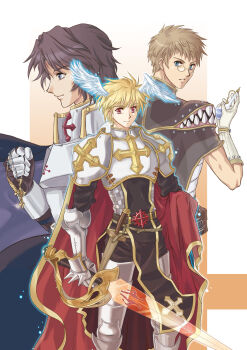 2000s_(style) 3boys armor armored_boots belt black_belt black_tabard blonde_hair blue_cape blue_eyes boots breastplate brown_cape brown_hair cape chainmail closed_mouth commentary_request creator_(ragnarok_online) cross cross_of_prontera feathered_wings feet_out_of_frame flask gauntlets gloves green_eyes head_wings highres holding holding_sword holding_weapon leg_armor looking_at_viewer lord_knight_(ragnarok_online) male_focus multiple_boys paladin_(ragnarok_online) pauldrons potion ragnarok_online red_cape red_eyes round-bottom_flask shijou_satori short_bangs short_hair shoulder_armor smile spiked_gauntlets sword tabard weapon white_background white_gloves white_wings wings