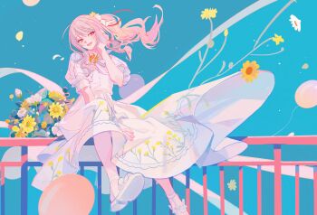 Rule 34 | 1other, :d, absurdres, akiyama mizuki, arm between legs, balcony, balloon, blue background, blush, buttons, commentary, daisy (flower), dechel, dress, dress flower, falling petals, floating hair, floral background, floral print, floral print dress, flower, flower request, foot out of frame, frilled footwear, hair flower, hair ornament, hair ribbon, hand on own face, head tilt, high heel sandals, highres, long dress, long hair, long sidelocks, looking down, on railing, open mouth, petals, pink eyes, pink hair, print dress, project sekai, puffy short sleeves, puffy sleeves, railing, red ribbon, ribbon, sandals, short sleeves, side ponytail, sidelocks, sitting, smile, solo, sunflower, swept bangs, symbol-only commentary, wavy sidelocks, white dress, white flower, white ribbon, white sandals, wind, yellow flower