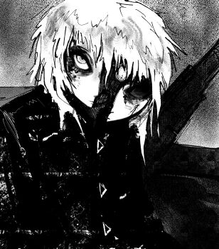 1girl abstract absurdres android artificial_eye bags_under_eyes black_coat canvas_texture coat crimescenepartz damaged dark exposed_internal_machinery expressionless eyeshadow glowing glowing_eye greyscale high_contrast highres horror_(theme) injury looking_at_viewer makeup marie_(peripeteia) mechabare mechanical_eye messy_hair monochrome peripeteia shade short_hair sketch solo static teeth trench_coat triangle_button white_hair