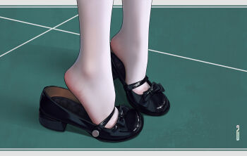 1girl artist_name black_bow black_shoes bow chinese_commentary commentary_request feet feet_only foot_focus footwear_focus green_background heel_pop high_heels highres mary_janes original paid_reward_available pantyhose qizhu shoes solo tiptoes white_pantyhose