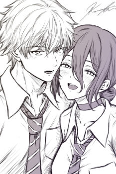 Rule 34 | 1boy, 1girl, alternate costume, blush, chainsaw man, choker, commentary request, denji (chainsaw man), diagonal-striped clothes, diagonal-striped necktie, dress shirt, hair between eyes, koya (koya x 00), long hair between eyes, looking at viewer, loose necktie, monochrome, necktie, open collar, reze (chainsaw man), school uniform, sharp teeth, shirt, signature, smile, striped clothes, teeth, upper body