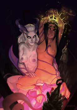 2girls abs arms_behind_back arms_up bdsm biting_own_lip black_hair blank_eyes blurry blurry_foreground bondage bound bound_wrists breasts brown_eyes clenched_hand collarbone colored_nipples colored_skin completely_nude covered_erect_nipples crown dark_background demon_girl demon_horns emperor_of_mankind eye_print genderswap genderswap_(mtf) glowing_crown glowing_object grabbing_from_behind gradient_background hair_over_face hair_over_one_eye hair_over_shoulder hair_pulled_back halo hand_on_own_tentacles highres horns idioluck large_breasts laurel_crown leg_grab light_particles long_hair long_horns looking_back multiple_girls multiple_horns muscular muscular_female navel nipples no_pupils nude pale_skin pointy_ears purple_background purple_horns purple_lips purple_nipples pussy rock rope sex sex_from_behind shaded_face sidelocks signature slaanesh smile sparks spiked_arm spiked_crown spread_legs stake teeth tentacle_sex tentacles tentacles_in_thighhighs thick_eyebrows tied_to_stake torso_grab uncensored vaginal warhammer_40k wavy_hair white_eyes white_hair white_skin yuri