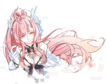Rule 34 | 1girl, aemeath (wuthering waves), ahoge, bare shoulders, black choker, breasts, brooch, censored, chinese commentary, choker, cleavage, closed mouth, commentary request, elbow gloves, floating hair, gloves, hair ornament, heart, heart brooch, heart on chest, high ponytail, highres, huangyuandaidai, jewelry, large breasts, leotard, long hair, looking at viewer, mole, mole on shoulder, mosaic censoring, orange eyes, pink hair, ponytail, solo, upper body, white background, white gloves, white leotard, wuthering waves