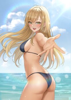 1girl absurdres ass bikini black_bikini blonde_hair blue_sky breasts chinese_commentary cloud commentary_request day foreshortening gluteal_fold green_eyes highres horizon long_hair looking_at_viewer looking_back medium_breasts ocean original outdoors reaching reaching_towards_viewer sky smile solo swimsuit zekong_pioneer