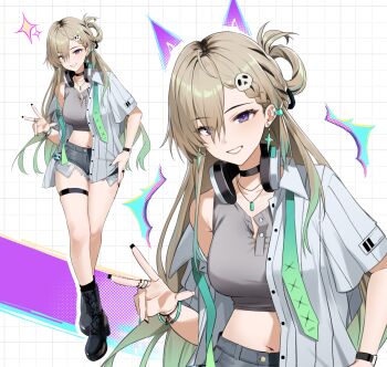 1girl absurdres alternate_costume black_boots black_choker black_shorts blonde_hair boots braid braided_bangs breasts choker commentary crop_top denim denim_shorts earrings fingernails gradient_hair grey_shirt grid_background hair_between_eyes hair_ornament headphones headphones_around_neck hievasp highres jacket jewelry large_breasts long_hair looking_at_viewer lynae_(wuthering_waves) midriff multicolored_hair multiple_views navel necklace parted_lips ring shirt shorts skull_hair_ornament smile star_(symbol) star_earrings thigh_strap thighs very_long_hair w white_jacket wuthering_waves