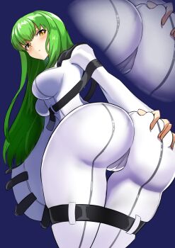 1girl artist_request ass ass_focus ass_grab blush bodysuit breasts c.c. cameltoe code_geass deep_skin from_behind green_hair highres huge_ass leaning leaning_forward long_hair looking_at_viewer medium_breasts orange_eyes sideboob skin_tight solo straitjacket very_long_hair