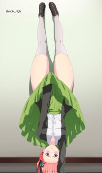 1girl artist_name asobi_night black_footwear black_jacket black_ribbon blue_eyes blush breasts collarbone go-toubun_no_hanayome green_skirt hair_ribbon handstand highres jacket kneehighs long_sleeves looking_at_viewer lycoris_challenge_(meme) lycoris_recoil medium_breasts meme nakano_nino parody pink_hair ribbon scene_reference shirt skirt socks thick_thighs thighs upside-down white_shirt white_socks