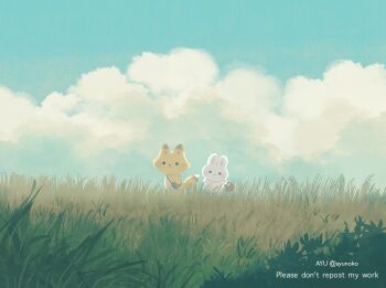 animal animal_focus artist_name ayu_(mog) bag basket blue_sky cloud cloudy_sky commentary commentary_request day english_commentary fox grass mixed-language_commentary no_humans original outdoors rabbit romaji_commentary scenery sky twitter_username watermark