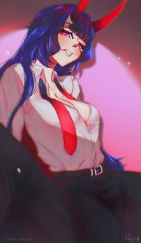 1girl absurdres alternate_costume artist_name black_pants breasts commentary english_commentary hibahria highres honkai_(series) honkai_impact_3rd horns large_breasts long_hair necktie pants parted_lips purple_eyes purple_hair raiden_mei raiden_mei_(herrscher_of_thunder) red_horns shirt solo two-tone_necktie very_long_hair white_shirt