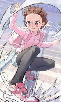 1girl @_@ denim denim_shorts foot_on_railing foreshortening gloom_(expression) highres jacket medalist_(manga) perspective pink_jacket pink_shoes railing ranari scene_reference shoes shorts sliding sneakers solo stairs yuitsuka_inori