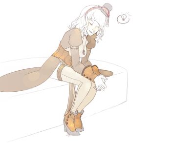 Rule 34 | 1girl, alternate color, black hat, boots, breasts, brown boots, brown sash, closed eyes, commentary, dress, english commentary, frilled hairband, frills, full body, gloves, grey dress, grey thighhighs, hairband, hat, high priest (ragnarok online), jewelry, juliet sleeves, light bulb, long sleeves, medium breasts, medium hair, memoryjoule, mini hat, mini top hat, necklace, open mouth, pink hairband, puffy sleeves, ragnarok online, simple background, sitting, smile, solo, spoken light bulb, thighhighs, top hat, two-tone dress, white background, white dress, white gloves, white hair