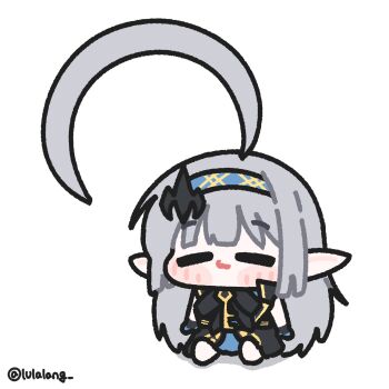 Rule 34 | 1girl, ahoge, black dress, blue hairband, chibi, chibi only, closed eyes, closed mouth, dress, facing viewer, female tyrant (stella sora), full body, grey hair, hair ornament, hairband, hashtag-only commentary, highres, huge ahoge, long hair, lulalang, pointy ears, simple background, sitting, smile, solo, stella sora, tyrant (stella sora), very long hair, white background