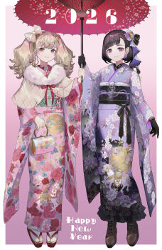 2026 2girls absurdres artist_name bag black_gloves black_hair blonde_hair bow braid braided_bangs brown_eyes brown_hair chinese_zodiac colored_inner_hair commentary earrings floral_print flower_hairpin full_body gloves gradient_background hair_bow handbag happy_new_year highres holding holding_umbrella japanese_clothes jewelry kimono kyo_mizusawa looking_at_viewer medium_hair multicolored_hair multiple_girls new_year obi obiage obijime oil-paper_umbrella okobo original pink_kimono platform_sandals purple_hair purple_kimono sandals sash shared_umbrella shoes simple_background smile standing twintails twitter_username two-tone_hair umbrella year_of_the_horse