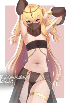 1girl blonde_hair breasts chromashift dancer elf female_focus hag highres long_hair multicolored_hair necromancer pointy_ears red_eyes red_hair ruby_runeheart small_breasts solo solo_focus two-tone_hair virtual_youtuber witch