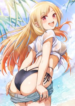 1girl ass beach bikini black_bikini blue_eyes breasts clothes_pull commentary denim denim_shorts from_behind highres kitagawa_marin long_hair medium_breasts ocean pariya_0001 pulling_own_clothes purple_eyes see-through_clothes see-through_shirt shirt shorts shorts_pull smile solo sono_bisque_doll_wa_koi_wo_suru swimsuit very_long_hair wet wet_clothes wet_shirt white_shirt