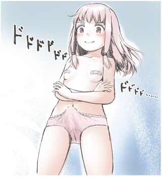 1futa bandaid bandaids_on_nipples breasts bulge cameltoe crossed_arms erection erection_under_clothes futanari highres magia_record:_mahou_shoujo_madoka_magica_gaiden mahou_shoujo_madoka_magica no_testicles panties pasties penis_in_panties pink_eyes pink_hair sansho simple_background small_breasts solo tamaki_ui underwear