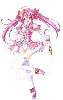 1girl ahoge aoi_masami arty_cherry blush bow breasts cleavage dress elbow_gloves frills full_body game_cg gloves hair_bow harukaze_mai_(tsmg_nao!) highres large_variant_set leotard long_hair looking_at_viewer magical_girl medium_breasts non-web_source official_art open_mouth pink_eyes pink_hair ribbon shoes smile solo standing standing_on_one_leg sword thighhighs tiara transparent_background ts_magical_girl_nao twintails variant_set weapon white_gloves white_thighhighs