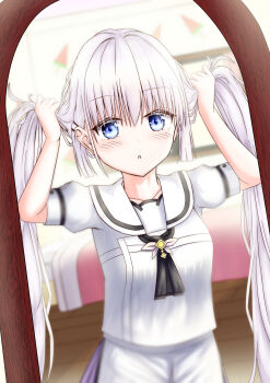 Rule 34 | 1girl, :o, absurdres, alternate hairstyle, ascot, black ascot, blue eyes, blunt ends, blurry, blurry background, blush, bunching hair, commentary request, cowboy shot, dutch angle, eyelashes, full-length mirror, hair between eyes, hands up, highres, indoors, long hair, looking at viewer, mao sirahama, mirror, naruse shiroha, open mouth, puffy short sleeves, puffy sleeves, reflection, reflection focus, sailor collar, school uniform, serafuku, shirt, short sleeves, sidelocks, skirt, solo, summer pockets, twintails, very long hair, white hair, white sailor collar, white serafuku, white shirt, white skirt