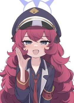 1girl armband black_hat blue_archive blush breasts commentary_request gehenna_academy_logo grey_eyes halo hat iroha_(blue_archive) koucha_(sr4ez) long_hair looking_at_viewer open_mouth red_armband red_hair simple_background small_breasts solo upper_body white_background